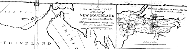 Eine detaillierte schwarz-weiße Karte von Neufundland, die geographische Merkmale wie Flüsse, Berge und Städte zeigt, mit begleitendem Text, der zusätzliche Informationen über die Region und ihre Bewohner liefert.