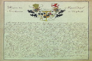 Ein altes Dokument mit einem Wappen, unterzeichnet vom König von Sachsen, mit Text und einem Logo, das die royale Familie repräsentiert.