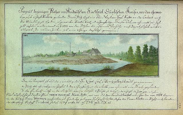 Ein altes Buch mit einer Zeichnung eines Flusses, eines Hauses, Bäume, Gras und einem bewölkten Himmel, betitelt "Deutsche Landschaften, Landschaft und Landschaft Deutschlands, 18. Jahrhundert".