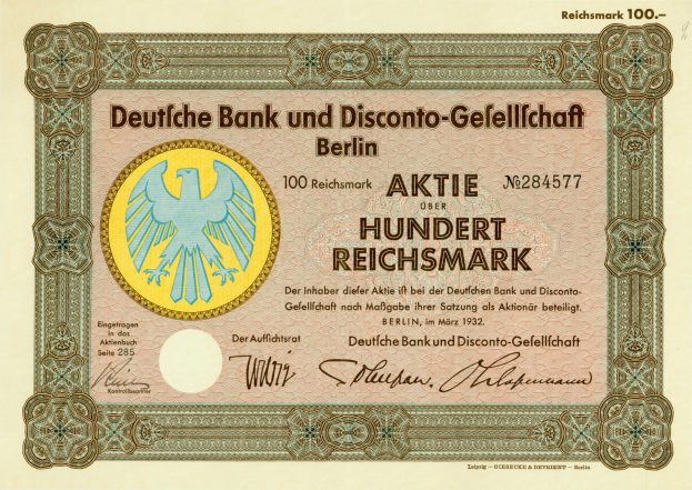 Ein altes deutsches Banknoten mit einer Vogeldarstellung und der Aufschrift 'Deutsche Bank und Disconto-Gefellichaft Berlin'.