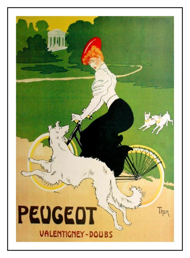 Eine Frau fährt ein Fahrrad mit zwei Hunden auf dem Rücken, umgeben von Bäumen und einem Gebäude im Hintergrund, mit Text unten lesbar "Peugeot Valentigny-Doubs".