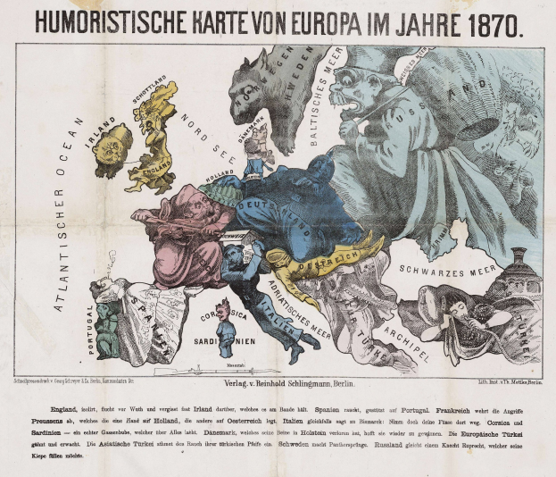 Plakat mit der Bezeichnung "Humoristische Karte von Europa im Jahre 1870" zeigt eine Karte von Europa umgeben von Karikaturen.
