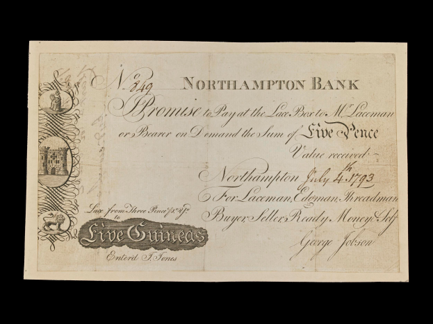 Ein alter Banknote aus Northampton mit einem Porträt eines Mannes und gedrucktem Text, der die Bankinformationen enthält.