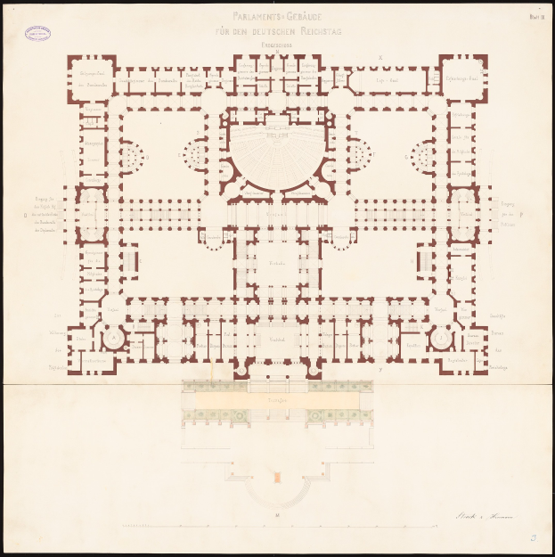 Schwarz-weißer architektonischer Grundriss des Reichstagsgebäudes in Berlin, Deutschland, der detaillierte Layout mit Räumen, Fluren, Fenstern und Türen zeigt.