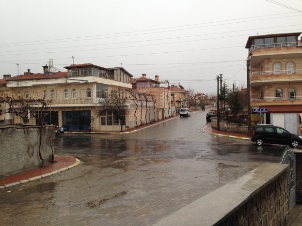 Eine Stadtansicht mit Kraftfahrzeugen auf Straße, Gebäuden, Bäumen, Strommasten mit Kabeln, Geländern und Himmel.