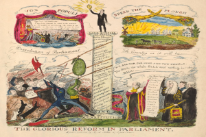 Ein buntes Papier mit fetter Schrift und Bildern von verschiedenen, strahlenden Menschen, das eine Parlamentsreform mit Hoffnung und Optimismus zeigt.