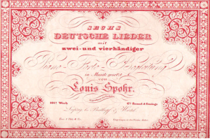 Ein altes deutsches Aktienzertifikat mit rotem Rand und weißem Hintergrund, das den Text "Louis Spohr - Zweites Deutsches Lieder" zeigt.
