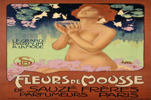 Ein Vintage-Plakat von Alphonse Mucha, das eine Frau mit einem Glas Fleurs de Mousse-Duft zeigt, mit beschreibendem Text zum Produkt.