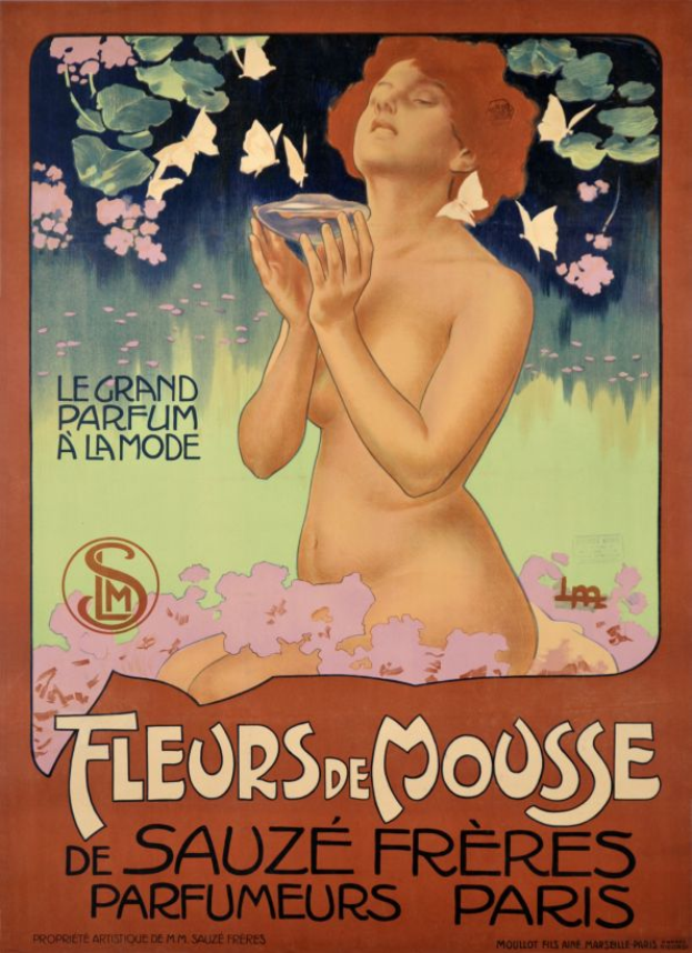 Ein Vintage-Plakat von Alphonse Mucha, das eine Frau mit einem Glas Fleurs de Mousse-Duft zeigt, mit beschreibendem Text zum Produkt.