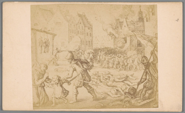 Eine Zeichnung einer Gruppe von Menschen in einer Stadt, einige halten Fahnen, andere liegen am Boden, mit Gebäuden im Hintergrund, die einen Kampf darstellen, wobei eine Person ein Schwert und eine andere einen Schild hält.