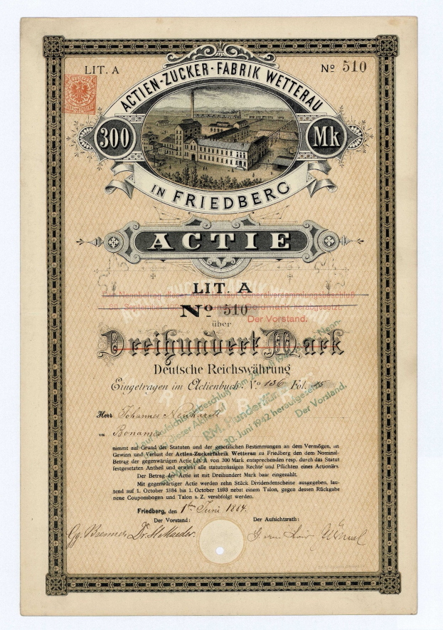 Altes deutsches Aktienzertifikat mit einer Gebäudeabbildung und Text, der likely den aktiven Status angibt.