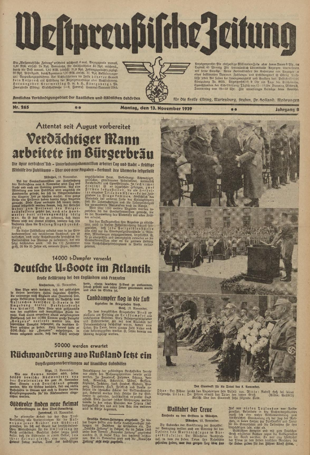 Schwarze-weiße Titelseite einer deutschen Zeitung vom 13. November 1939, betitelt "Weitpreubliche Zeitung", mit einer Gruppe von Menschen in traditioneller deutscher Tracht in einer feierlichen Umgebung.