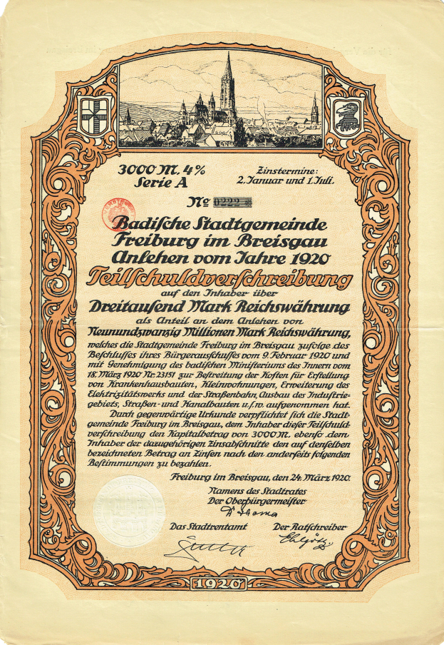 Ein altes deutsches Aktienzertifikat mit einer Stadtansicht-Illustration und gedrucktem Text über die Herkunft des Aktienzertifikats.