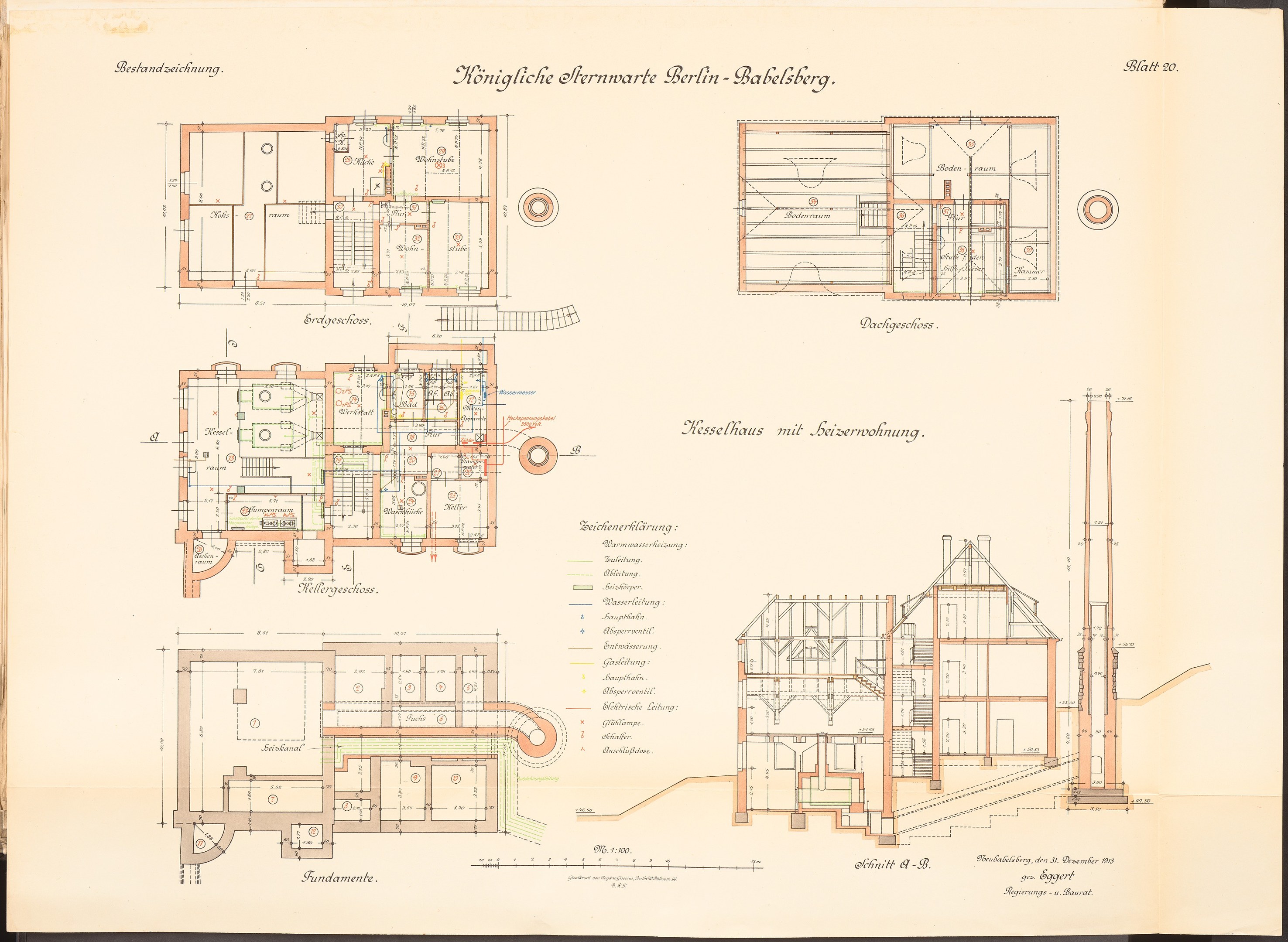 Altes Buch mit einer Zeichnung des ursprünglichen Plans für die Königliche Hermwerk Berlin-Baklberg, enthaltend detaillierte Pläne und Text.