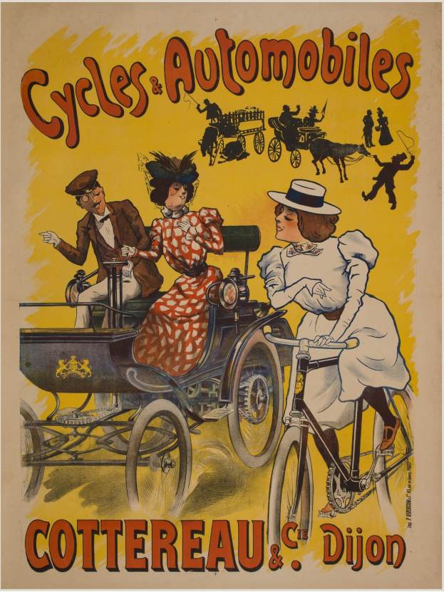 Plakat zur Ankündigung von Fahrrädern und Automobilen in Cottereau und Dijon, Frankreich, das Menschen auf Fahrrädern und eine Kutsche zeigt mit der Aufschrift "Fahrräder und Automobile" oben.