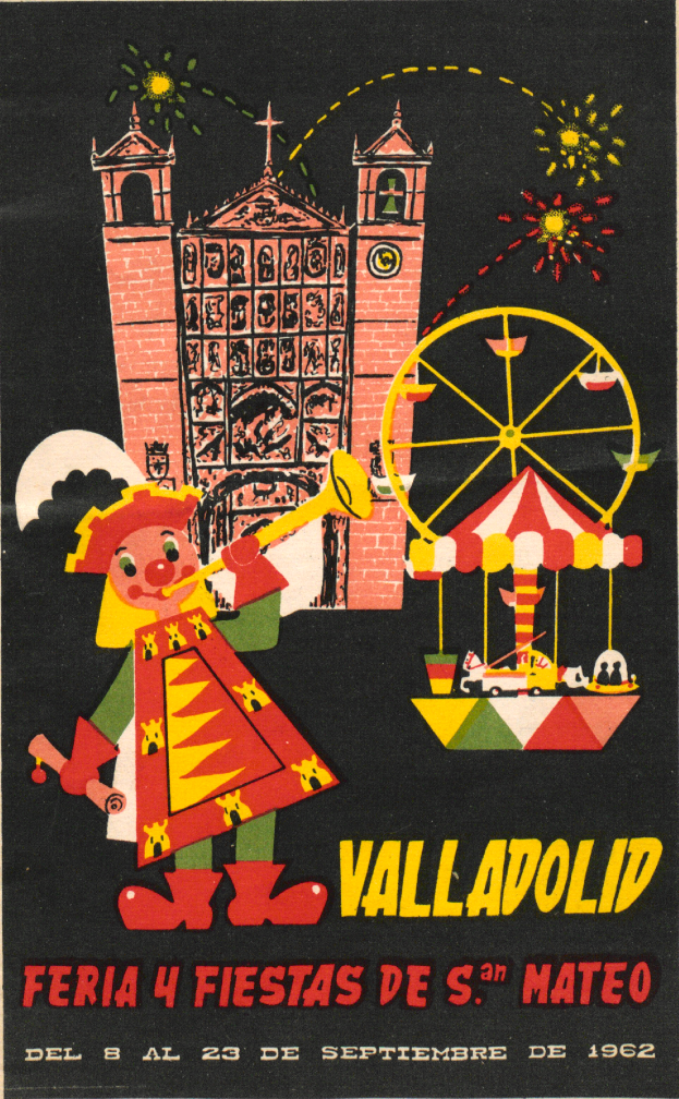 Ein buntes Karnevalplakat mit einem Geb├Ąude, einem Riesenrad, einem Spielzeug und Text, das ein festliches Ereignis in Valladolid, Spanien, ank├╝ndigt.