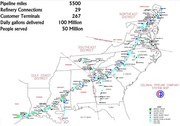 Detailierte Landkarte des Gulf Coast Pipeline Systems mit Routen, Verbindungen, Städten und erklärendem Text.
