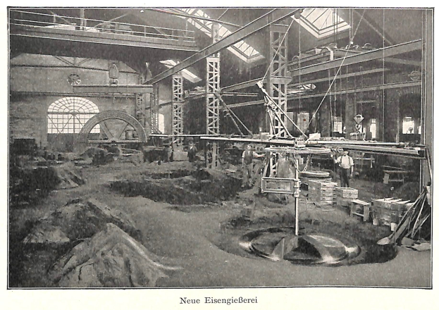 Schwarzes und weißes Foto eines historischen Fabrikinneren mit Arbeitern, die an Maschinen arbeiten, Metallstangen und -stöcke sowie die Beschriftung "Neue Eisenglebeerei, die erste Fabrik Deutschlands" am unteren Rand.
