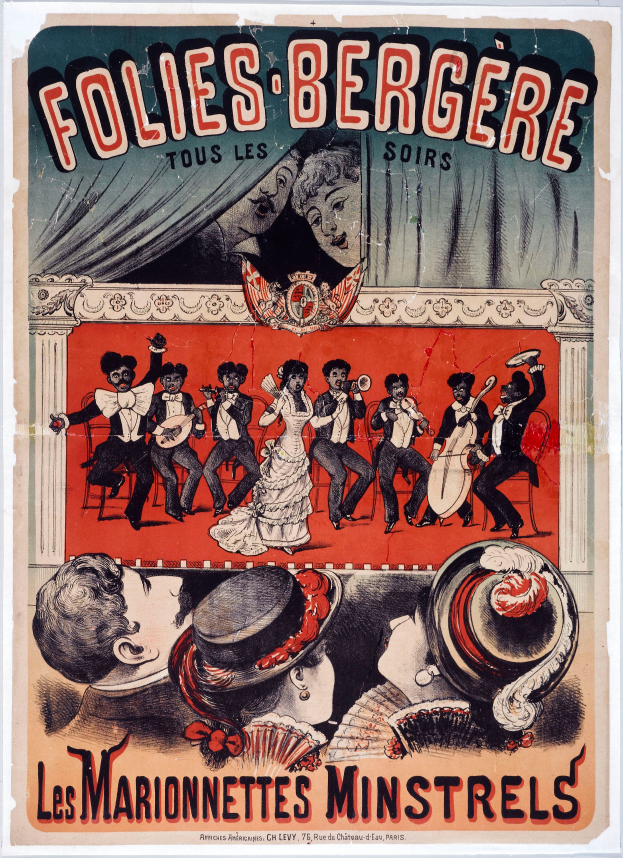 Ein Plakat, das ein Konzert der Marionetten-Minstreler in Paris, Frankreich, ankündigt, mit einer Gruppe von Menschen, die Musikinstrumente spielen, und Text.