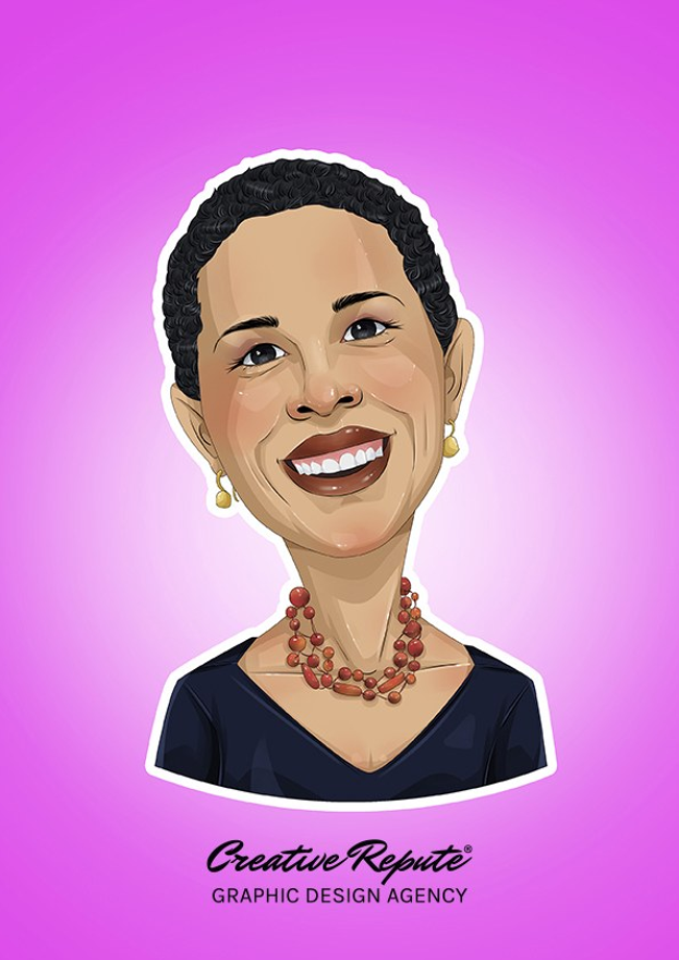 Eine Karikatur einer Frau mit einem weißen Hemd und zurückgebundenem Haar auf einem pinken Hintergrund, beschriftet mit "Creative Repute Graphic Design Agency" in fetter schwarzer Schrift mit einem weißen Rand.