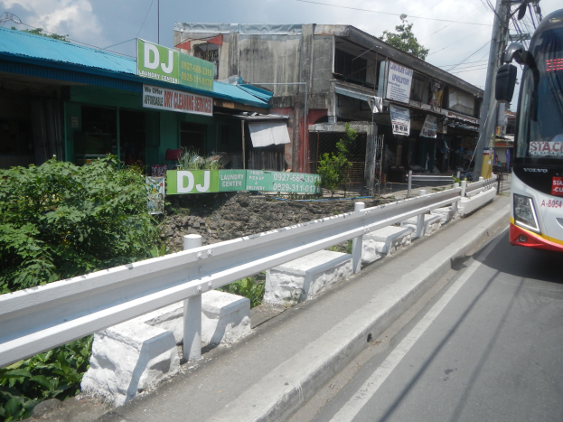 Ein Bus f├Ąhrt auf einer Stra├če mit hohen Geb├Ąuden, Strommasten mit Kabeln und Schildern, sowie Pflanzen und einem Gel├Ąnder an der Seite der Stra├če und einem bew├Âlktem Himmel im Hintergrund.