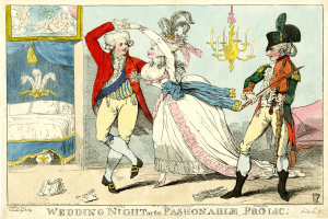 Eine Karikatur eines Mannes und einer Frau, die auf einer Hochzeit tanzen, beleuchtet von einem Kronleuchter, mit einem Bett, einem Rahmen an der Wand und verschiedenen Gegenständen auf dem Boden und einem Text unten, der 'Hochzeitsnacht oder das Modevergnügen' lautet.